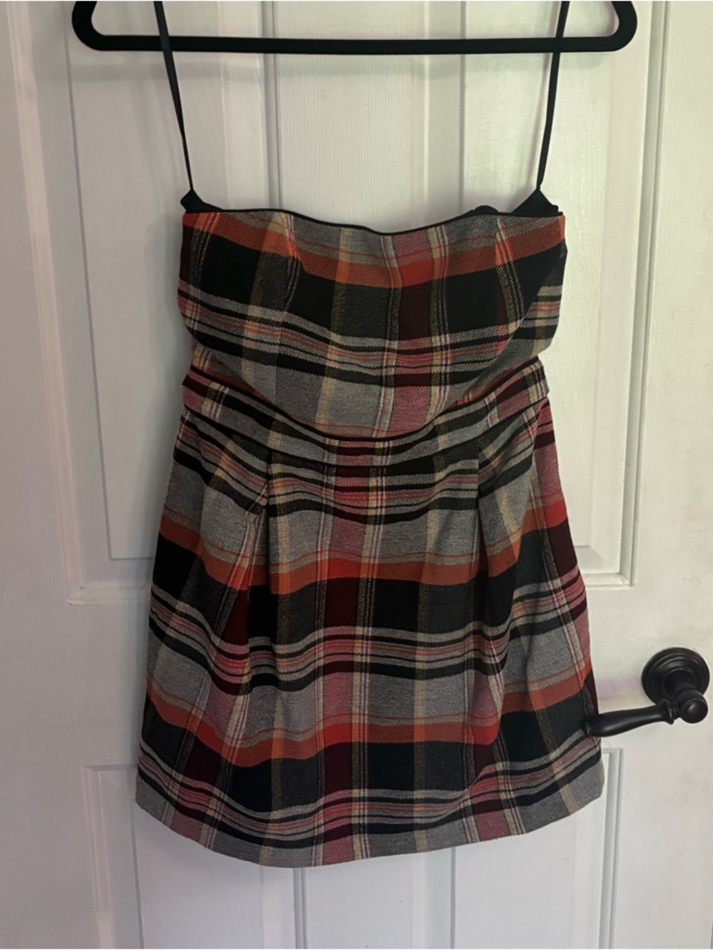 French Connection Strapless Plaid Dress in Navy, Red, Gray - Picture 3 of 7